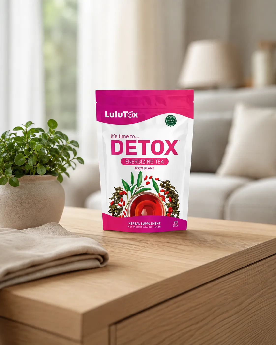 Lulutox Detox Tea — Verpackung im Alltag