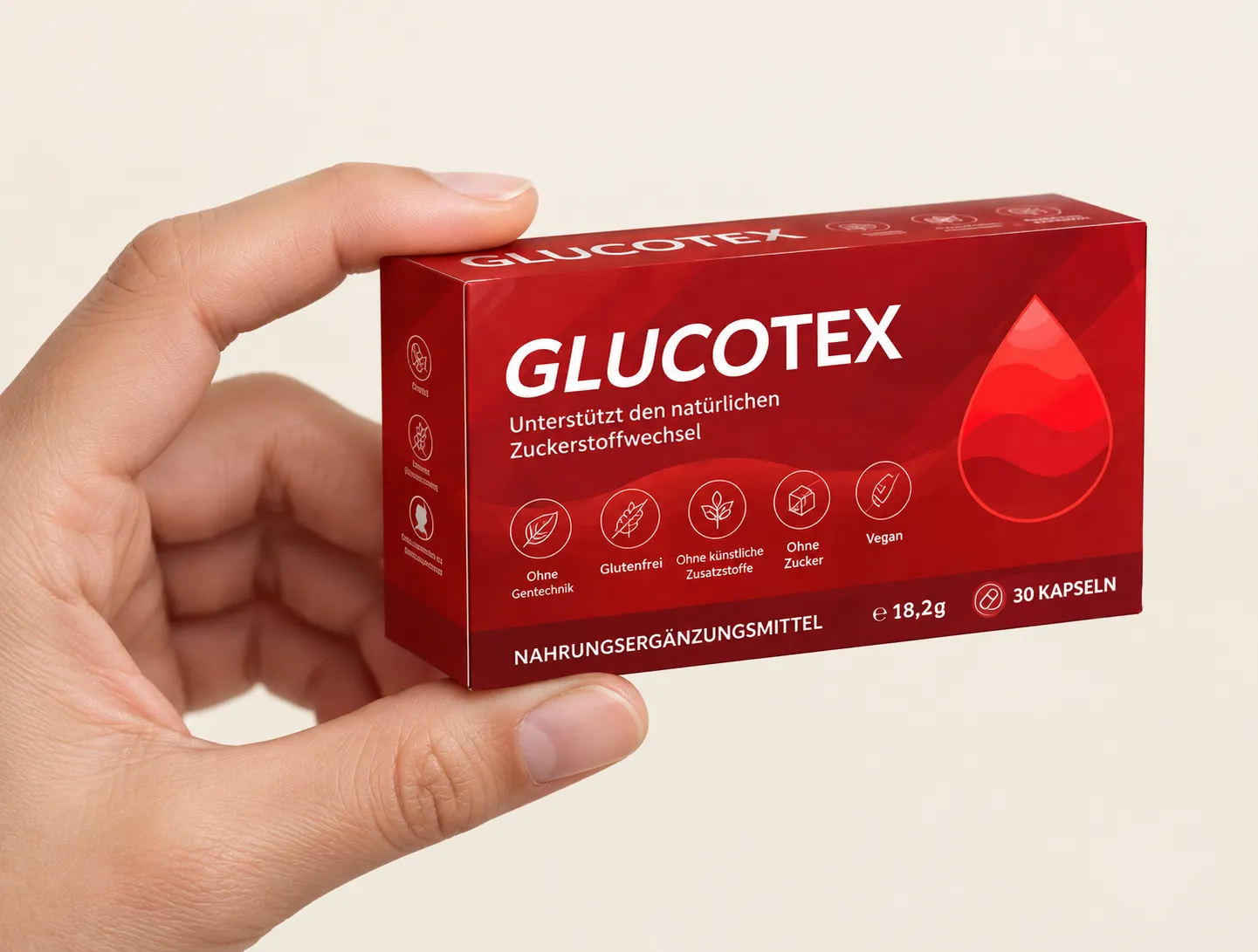 GLUCOTEX — Verpackung in der Hand